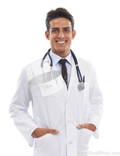 Image of Man, portrait or doctor smile in studio for clinical consulting, healthcare services or specialist help on white background. Happy surgeon, expert therapist or medical professional working with pride