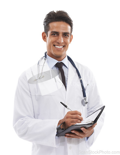 Image of Man, doctor or portrait with notes in studio for planning healthcare information on white background. Happy medical worker writing in notebook, journal or consulting schedule of administration report