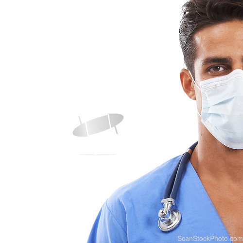 Image of Doctor, face mask and portrait in studio, man and prevention of disease and infection by white background. Male nurse, medical service and protection in pandemic, healthcare and quarantine by mockup