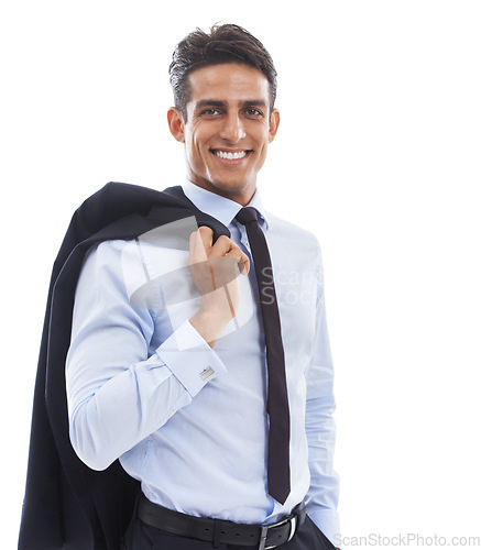 Image of Business man, studio portrait and suit with smile, pride and career as corporate lawyer by white background. Indian person, attorney or advocate with blazer, happy and fashion for job with justice