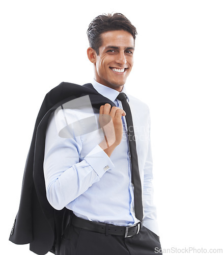 Image of Business man, studio portrait and blazer with smile, pride and career as corporate lawyer by white background. Person, attorney or advocate with suit, happy and confident with formal fashion for job