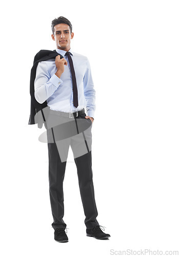 Image of Business man, suit blazer and studio portrait for pride, mockup or career as corporate lawyer by white background. Person, attorney or advocate with space, happy or confident in formal fashion at job