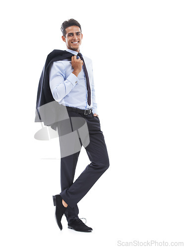 Image of Confident business man, pose in studio and smile in portrait with jacket or blazer isolated on white background. Lawyer with corporate fashion, mockup space and professional in suit with career