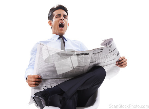Image of Business man, reading newspaper and studio with yawn, tired or finance information by white background. Person, newsletter or paper with fatigue, burnout and learning for stats, index or stock market