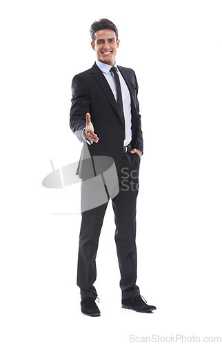 Image of Portrait, business man and offer handshake in studio for welcome, hiring and introduction on white background. Happy worker shaking hands for recruitment, onboarding partnership or thank you for deal