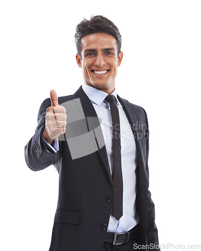 Image of Thumbs up, portrait and business man in studio for success, winning deal or achievement on white background. Happy worker show emoji sign, like feedback or vote yes for excellence, thank you or trust