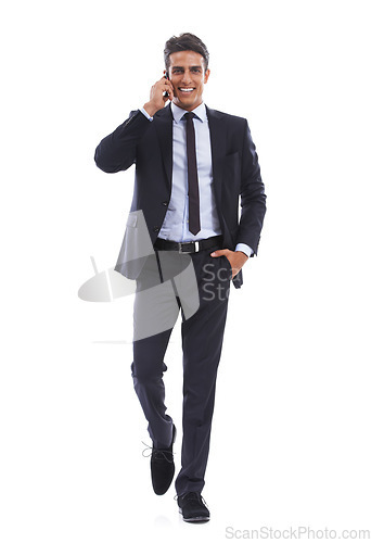Image of Business man, phone call and portrait in studio for communication, consulting and contact on white background. Happy corporate worker walking with mobile for conversation of advice, feedback and news