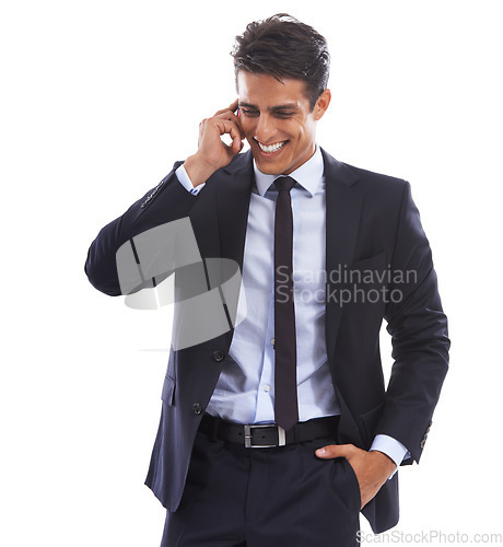 Image of Business man, phone call and laugh in studio for communication, consulting and talking to contact on white background. Happy corporate worker, mobile networking and feedback of funny conversation