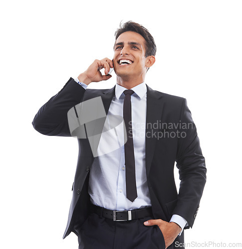 Image of Phone call, business man and laugh in studio for consulting, communication or chat to contact on white background. Happy worker, mobile networking and thinking of feedback, conversation or funny news