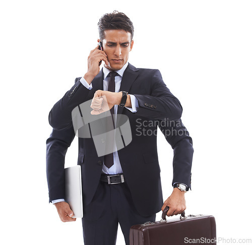 Image of Business man, many arms and studio with multitasking, check watch and phone call by white background. Lawyer, attorney or advocate with bag, laptop and smartphone with time management with thinking
