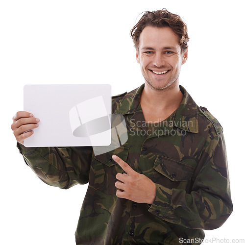 Image of Man with poster, military recruitment and advertising on white background with patriot and smile in portrait. Army mockup, announcement banner and soldier in studio, communication and join us sign