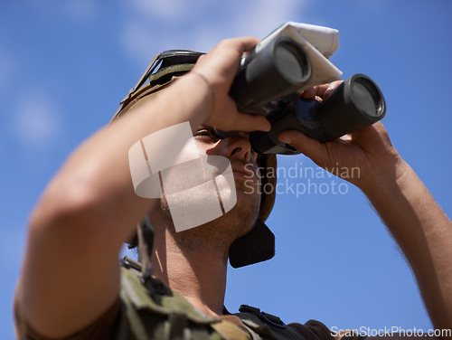 Image of Man with binocular, soldier surveillance and search enemy location on battlefield during Israel Palestine war. Army equipment, security gear for intelligence in warzone and military operation outdoor