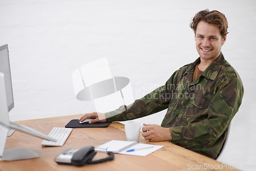 Image of Military man in office, research at desk and smile in portrait with army operation and gather intelligence online. Young soldier with coffee cup, internet search and security surveillance with tech