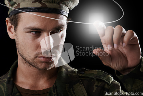 Image of Man, fingerprint and security with touchscreen for army surveillance and password on dark background. Biometric, cyber tech and software for safety or soldier identity for military access in studio