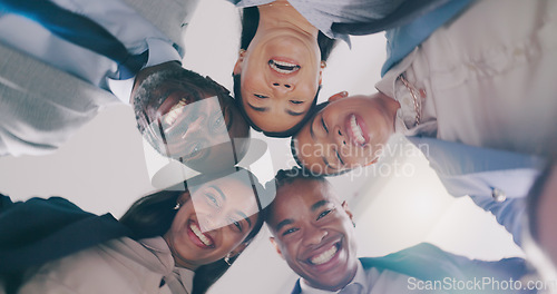 Image of Business people, teamwork or portrait of faces in circle for collaboration, synergy or global equality from below. Corporate group, diversity or smile to support cooperation, integration or inclusion