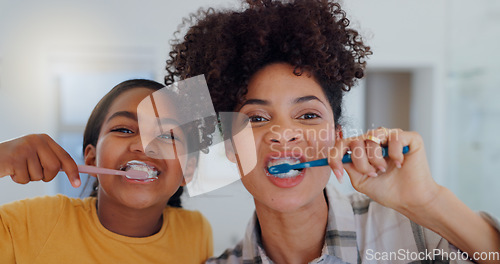 Image of Portrait, bathroom and mother brushing teeth with child for oral health and wellness at home. Bonding, hygiene and young mom and girl kid with morning dental care routine together at house in Mexico.