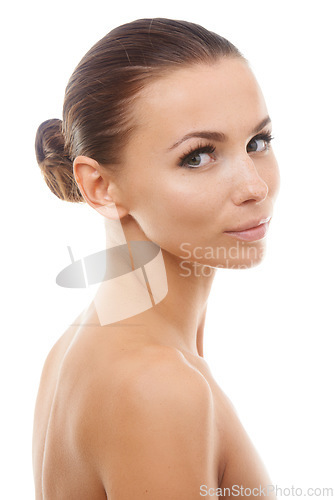 Image of Portrait of woman, natural or skincare for wellness in studio with cosmetics, aesthetic or healthy glow. Facial dermatology, confident or female model with pride or beauty results on white background