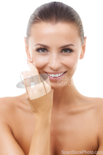 Image of Portrait of woman, smile or beauty for wellness in studio with cosmetics, aesthetic or natural glow. Facial dermatology, confident or happy model with pride or skincare results on white background