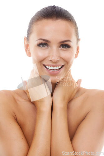 Image of Portrait of happy woman, white background or skincare in studio for wellness with cosmetics, face or glow. Facial dermatology, confident lady or healthy model with smile or beauty results isolated