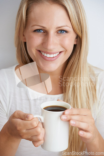 Image of Woman, portrait and happy in studio with coffee for morning caffeine, break and energy for relax and drink. Person, face and smile with beverage, cup and cheerful with closeup on white background