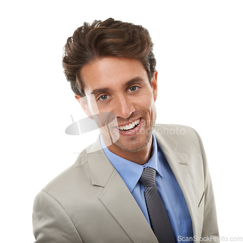 Image of Professional man in studio, face and happy entrepreneur in corporate portrait. isolated on white background. Smile, confidence and expert, young business owner or entrepreneurship with pride