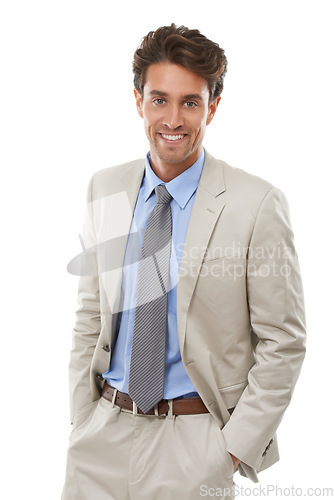 Image of Smile, fashion and portrait of businessman in studio with elegant, fancy and stylish suit. Happy, confidence and handsome male person with luxury outfit for style isolated by white background.