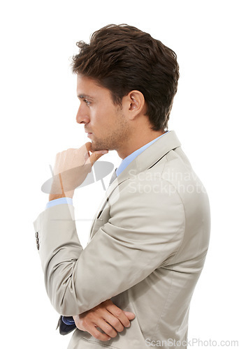 Image of Thinking, decision and young businessman in a studio with brainstorming, question or guess face. Idea, option and profile of professional male person with choice facial expression by white background