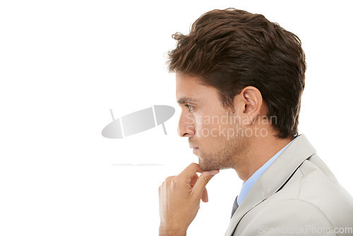 Image of Thinking, question and young businessman in a studio with brainstorming, idea or guess face. Decision, option and profile of professional male person with choice facial expression by white background