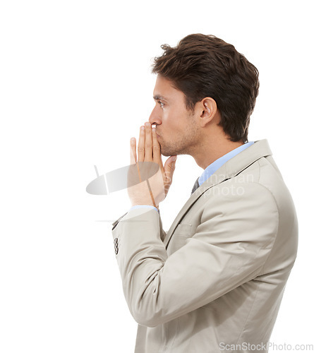 Image of Thinking, idea and young businessman in a studio with brainstorming, question or guess face. Decision, option and profile of professional male person with choice facial expression by white background