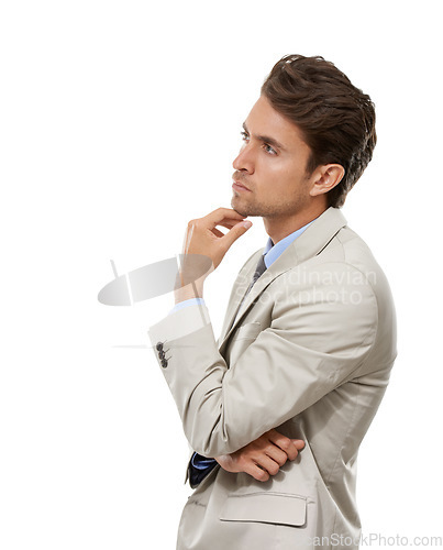 Image of Thinking, idea and young businessman in a studio with brainstorming, question or guess face. Decision, option and profile of professional male person with choice facial expression by white background