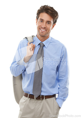 Image of Happy, fashion and portrait of businessman in studio with elegant, fancy and stylish suit. Smile, confidence and handsome male person with luxury outfit for style isolated by white background.