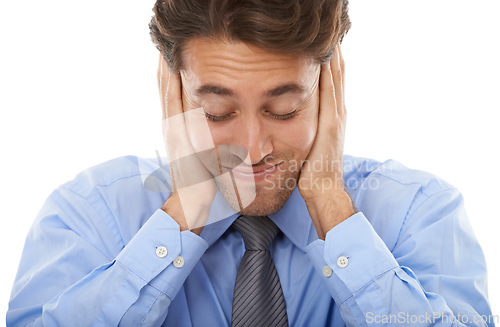 Image of Face, stress and anxiety with business man in studio isolated on white background for deadline pressure. Headache, burnout and mental health with young employee eyes closed for audit frustration