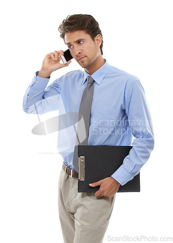 Image of Phone call, insurance and negotiation with business man in studio isolated on white background for consulting. Contact, contract and concern with young agent talking on mobile for feedback advice