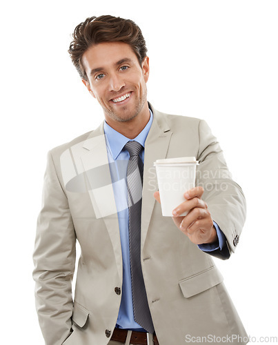 Image of Businessman, portrait or happy in studio with coffee for morning takeaway, caffeine break or energy. Entrepreneur, corporate professional and face with confidence and beverage on white background