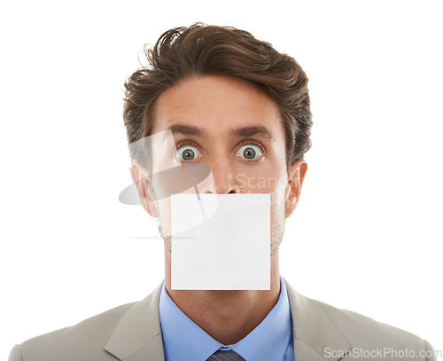 Image of Business, man and sticky note on mouth in studio with surprise, shocked or wow for secret or announcement. Entrepreneur, paper and person or face with censored, silence and victim in white background