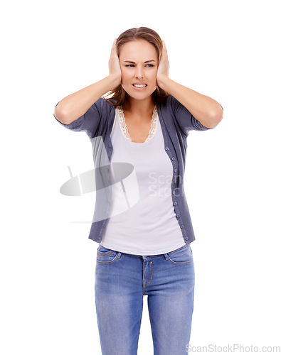 Image of Block ears, white background or woman with headache with anxiety, bad mistake or burnout. Stress, angry or dizzy person in studio frustrated by fatigue, migraine pain or brain fog in debt crisis