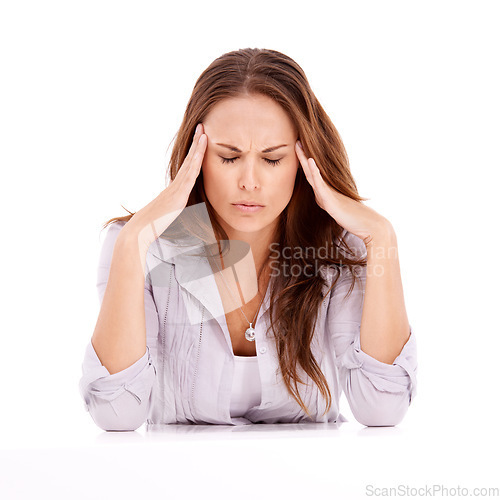 Image of Stress, white background or tired businesswoman with headache with anxiety, mistake or burnout. Loss, dizzy or overworked employee in studio frustrated by fatigue, migraine or anxiety in debt crisis
