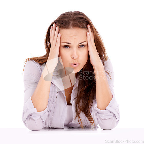 Image of Stress, white background or portrait of woman with headache with fatigue, mistake or burnout. Loss, dizzy or overworked employee in studio frustrated by fatigue, migraine or anxiety in debt crisis