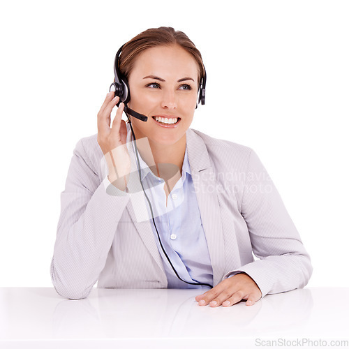 Image of Call center, thinking or happy woman in studio for communication in customer service. White background, virtual assistant or female sales agent listening with microphone to help in tech support
