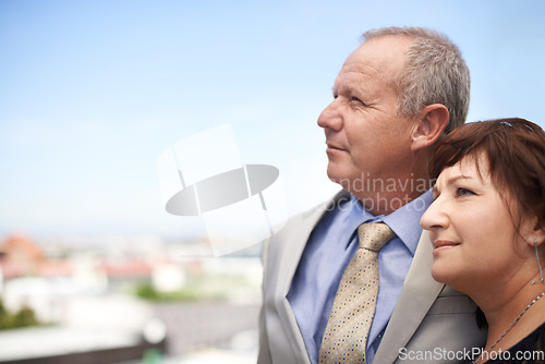 Image of Senior couple in corporate, outdoor and view for inspiration, love in business partnership or architecture team in city. Man, woman and peace together, architect group thinking with respect and trust