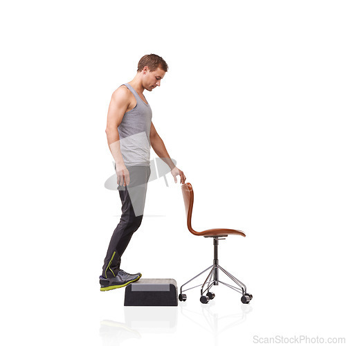 Image of Fitness, chair and young man in studio for health, wellness and body workout with step. Sports, equipment and male athlete training muscles with leg exercise for strength isolated by white background