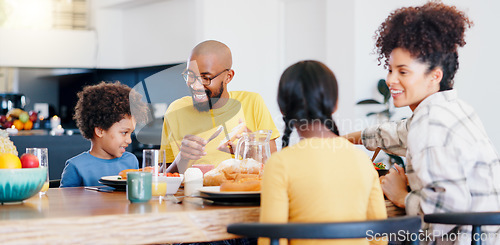 Image of Black family, food and parents with kids for breakfast, lunch and eating together in home. Happy, serving and mom, dad and children for bonding with meal for health, nutrition and hunger in house