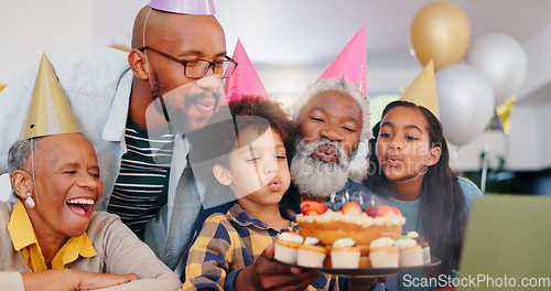 Image of Birthday cake, smile and family at party celebration together at modern house with candles and cake. Happy, excited and young children with African father and grandparents for sweet dessert at home.