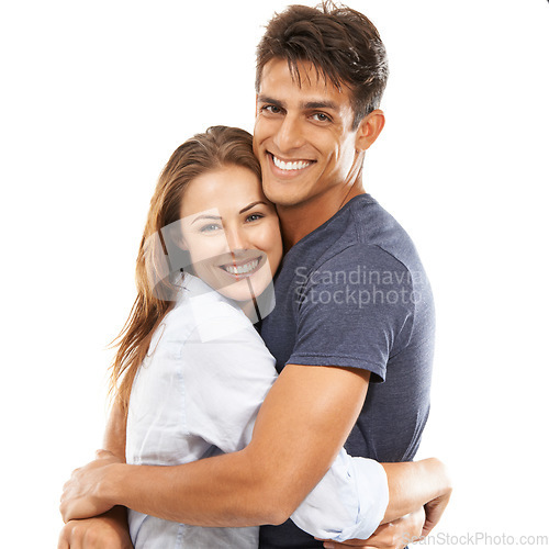 Image of Happy couple, portrait and hug in embrace for care, love or compassion against a white studio background. Handsome man and young woman smile for romance, affection or relationship together on mockup