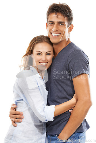 Image of Happy couple, portrait and hug in embrace for compassion, love or care against a white studio background. Handsome man and young woman smile for romance, affection or relationship together on mockup