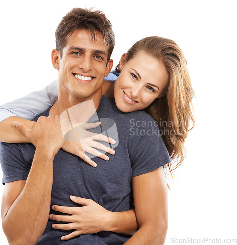 Image of Happy couple, portrait and hug for love, care or compassion in embrace against a white studio background. Handsome man and young woman smile for romance, affection or relationship together on mockup