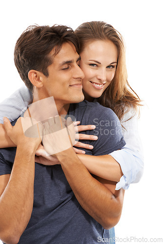 Image of Happy couple, hug and love in care, compassion or trust for embrace against a white studio background. Handsome man and young woman smile for romance, affection or relationship together on mockup