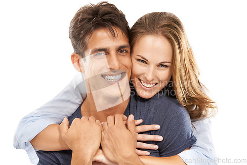 Image of Happy couple, portrait and hug in embrace for love, care or compassion against a white studio background. Handsome man and young woman smile for romance, affection or relationship together on mockup