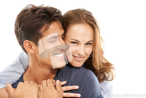 Image of Happy couple, face and hug for love, care or compassion in trust or embrace on a white studio background. Handsome man and young woman smile for romance, affection or relationship together on mockup