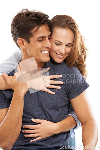 Image of Happy couple, hug and love in embrace, care or compassion for trust against a white studio background. Handsome man and young woman smile for romance, affection or relationship together on mockup